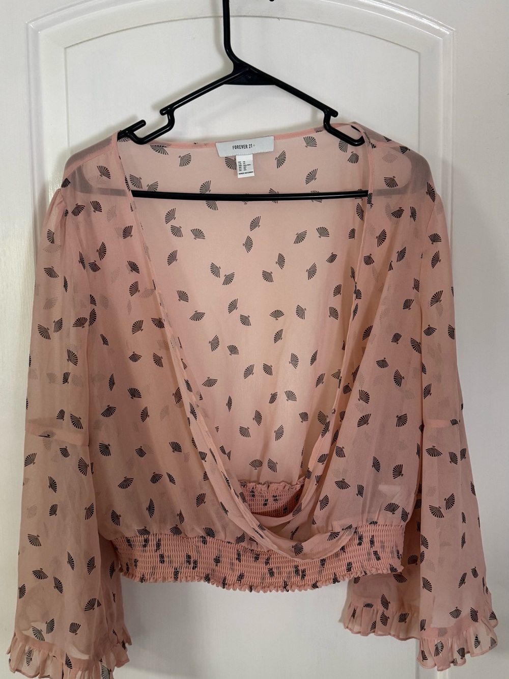 Forever 21 Pink Sheer Leaf-Print Cropped Blouse with Black Leaves